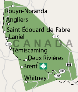 Our Quebec, Ontario service area map, showing our services in Rapides-des-Joachims, and nearby